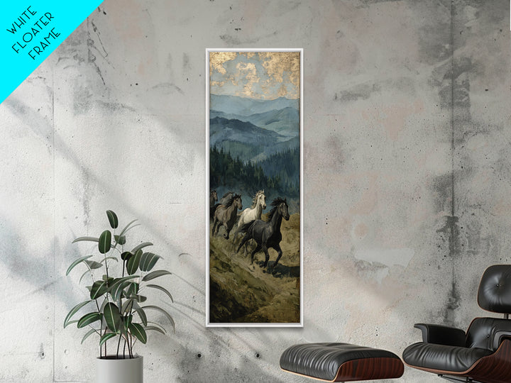 Wild Horses Running Near Mountain Ridge Framed Canvas Print, Nature Art, Digital Download Art, Living Room Decor, NAT-1x3-58