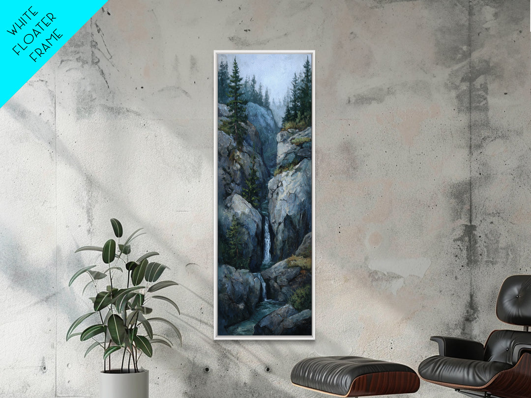 Waterfall Hidden Among Dark Green Rocks Framed Canvas Print, Nature Art, Botanical Art, Living Room Decor, Fine Art, Nature, NAT-1x3-87
