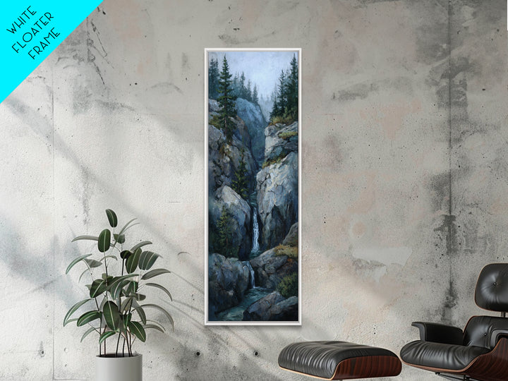 Waterfall Hidden Among Dark Green Rocks Framed Canvas Print, Nature Art, Botanical Art, Living Room Decor, Fine Art, Nature, NAT-1x3-87