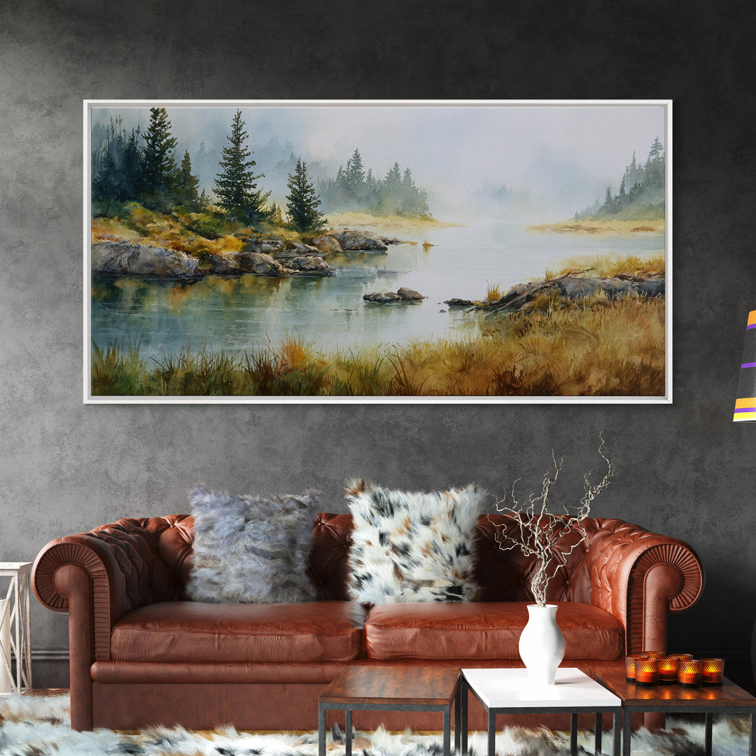 Misty Mountain Lake Framed Canvas Print, Nature Art, Home Decor, Living Room Decor, Oil Painting, Nature, Abstract Wall Art, NAT-2x1-1