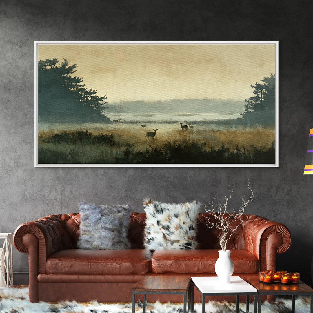 Deer Standing in a Golden Field Framed Canvas Print, Nature Art, Mountain Wall Art, Living Room Decor, Fine Art, Nature, NAT-2x1-100