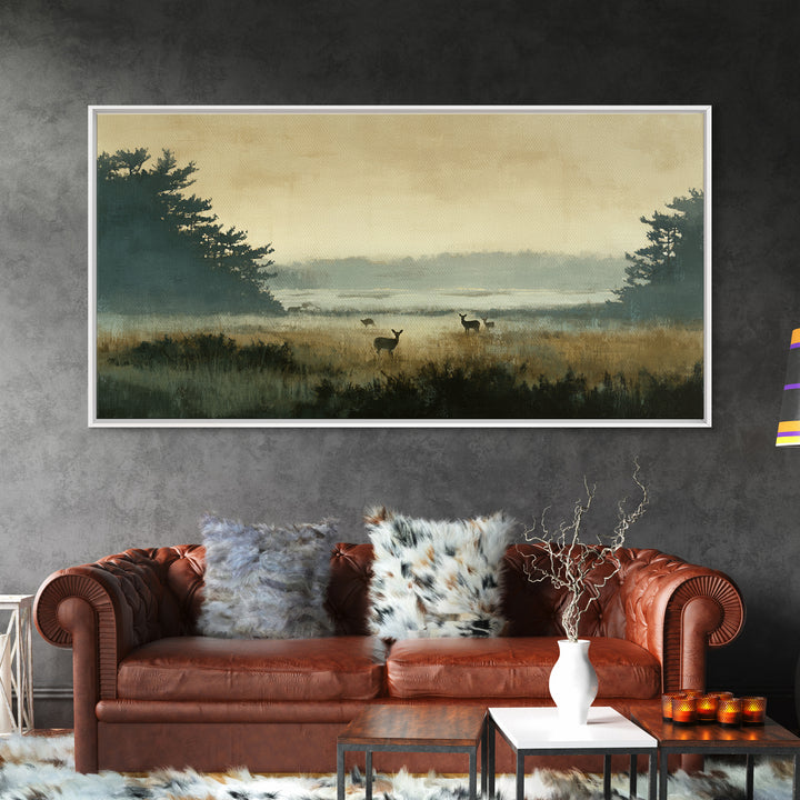 Deer Standing in a Golden Field Framed Canvas Print, Nature Art, Mountain Wall Art, Living Room Decor, Fine Art, Nature, NAT-2x1-100