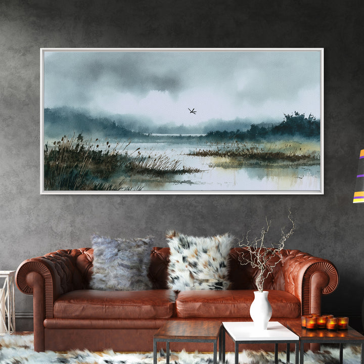 Dragonfly over a Pond with Reeds Framed Canvas Print, Nature Art, Fine Art Print, Living Room Decor, Watercolor Art, Nature, NAT-2x1-14
