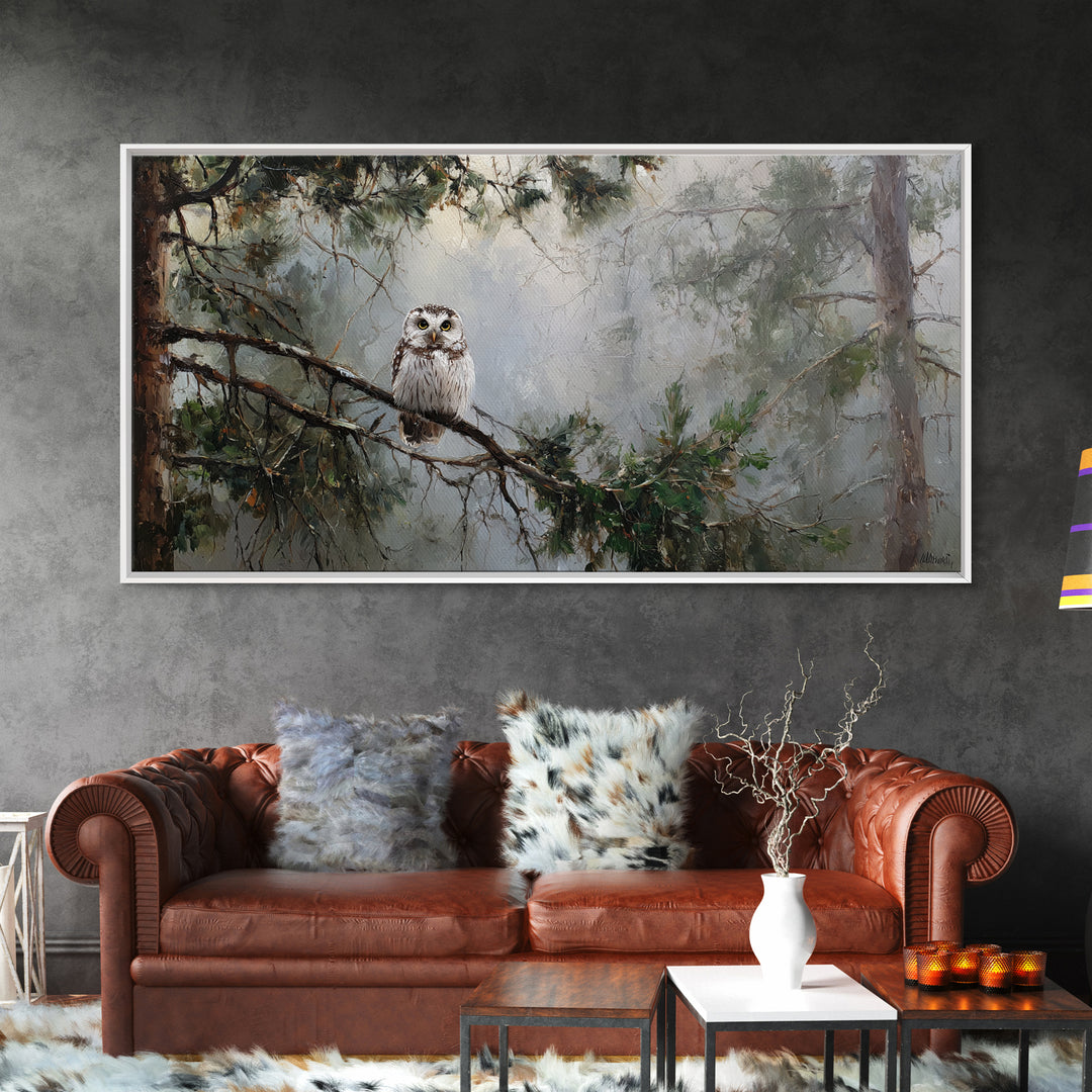 Owl in Moonlit Branches Framed Canvas Print, Nature Art, Minimalist Decor, Living Room Decor, Fine Art, Nature, Artwork, NAT-2x1-15