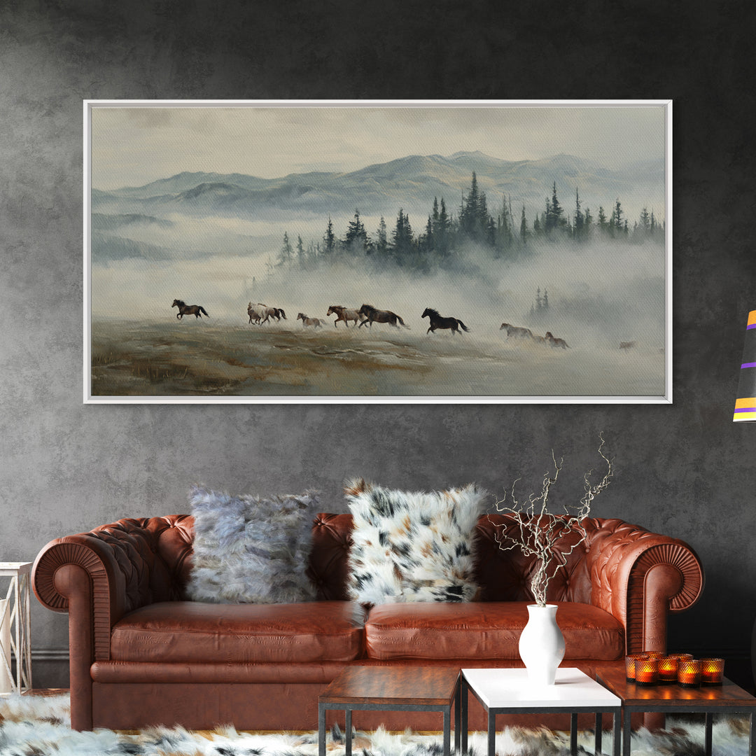 Wild Horses Running Near Mountain Ridge Framed Canvas Print, Nature Art, Statement Artwork, Living Room Decor, Fine Art, Nature, NAT-2x1-18