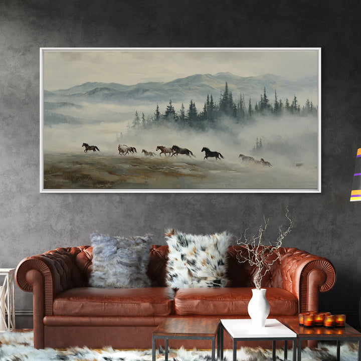 Wild Horses Running Near Mountain Ridge Framed Canvas Print, Nature Art, Statement Artwork, Living Room Decor, Fine Art, Nature, NAT-2x1-18