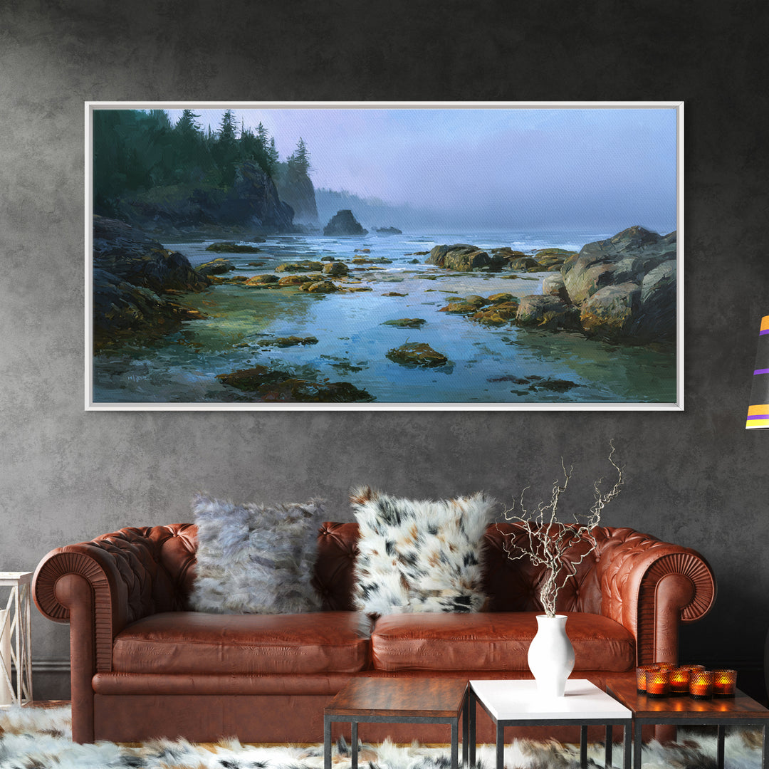 Calm Beach Tide Pooling Around Rocks Framed Canvas Print, Nature Art, Statement Artwork, Living Room Decor, Fine Art, Nature, NAT-2x1-20