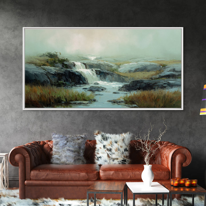 Waterfall Hidden Among Dark Green Rocks Framed Canvas Print, Nature Art, Mushroom, Living Room Decor, Watercolor Art, Nature, NAT-2x1-23