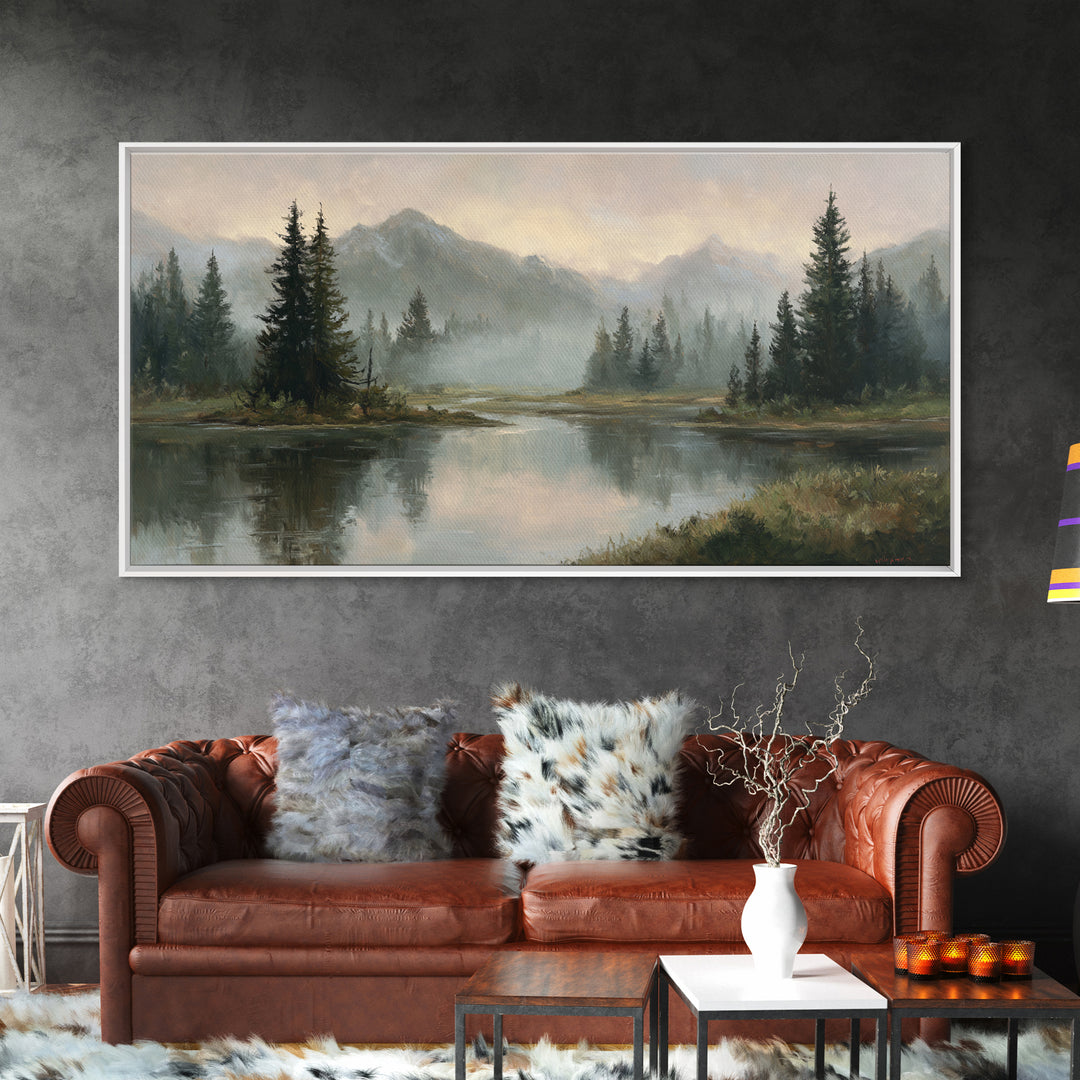 Misty Mountain Lake Framed Canvas Print, Nature Art, Home Decor, Living Room Decor, Oil Painting, Nature, Abstract Wall Art, NAT-2x1-25