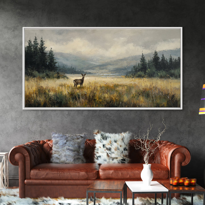 Deer Standing in a Golden Field Framed Canvas Print, Nature Art, Minimalist Decor, Living Room Decor, Fine Art, Nature, NAT-2x1-28