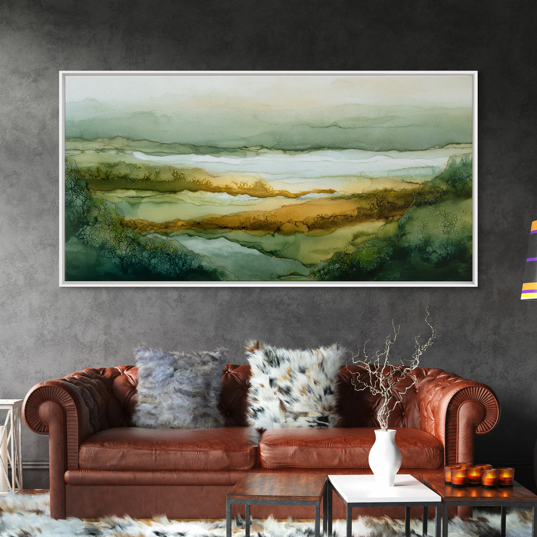 Rain Drops on a Large Green Leaf Framed Canvas Print, Nature Art, Living Room Decor, Watercolor Art, Nature, Abstract Wall Art, NAT-2x1-29