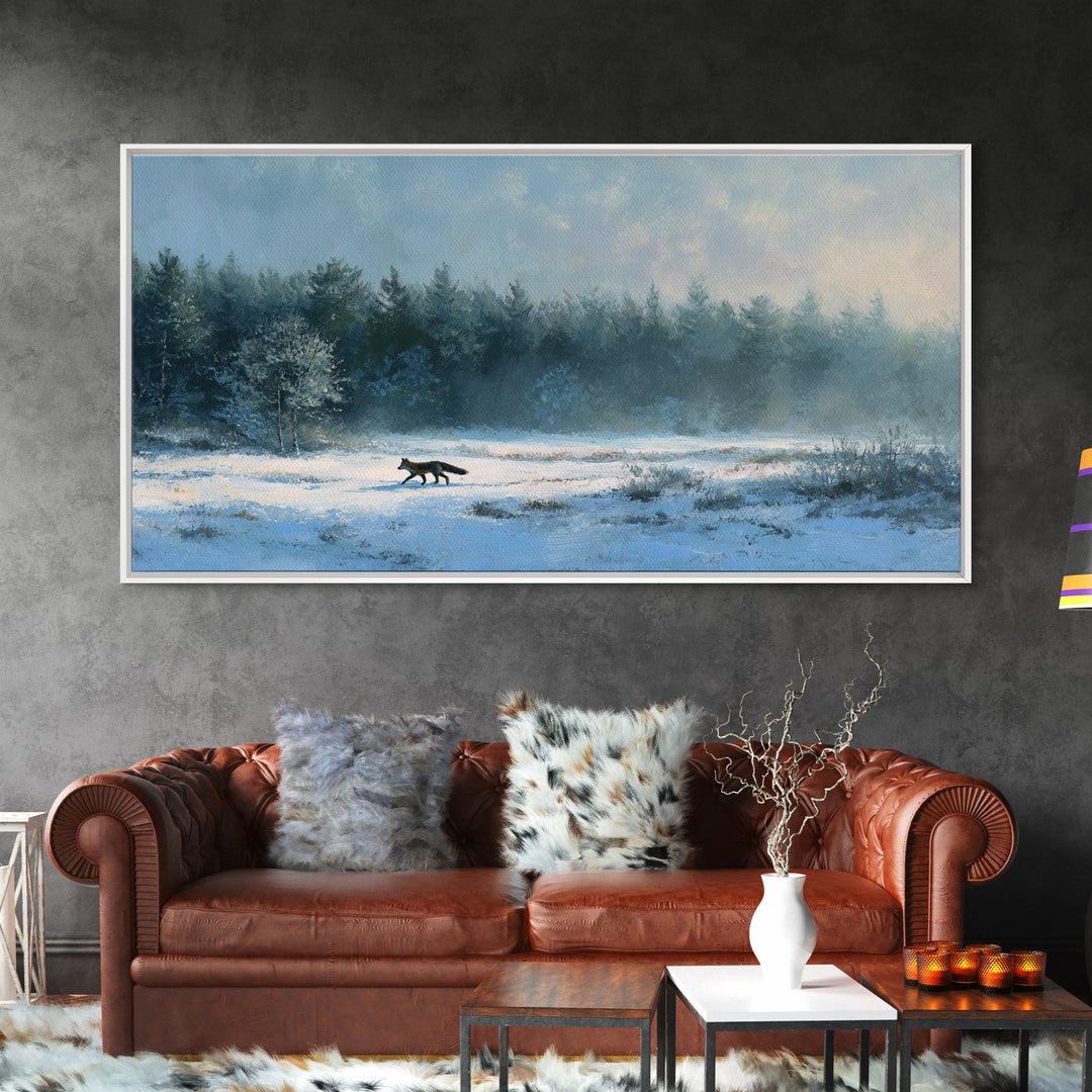 Fox Crossing a Snowy Forest Clearing Framed Canvas Print, Nature Art, Luxury Decor, Living Room Decor, Oil Painting, Nature, NAT-2x1-30