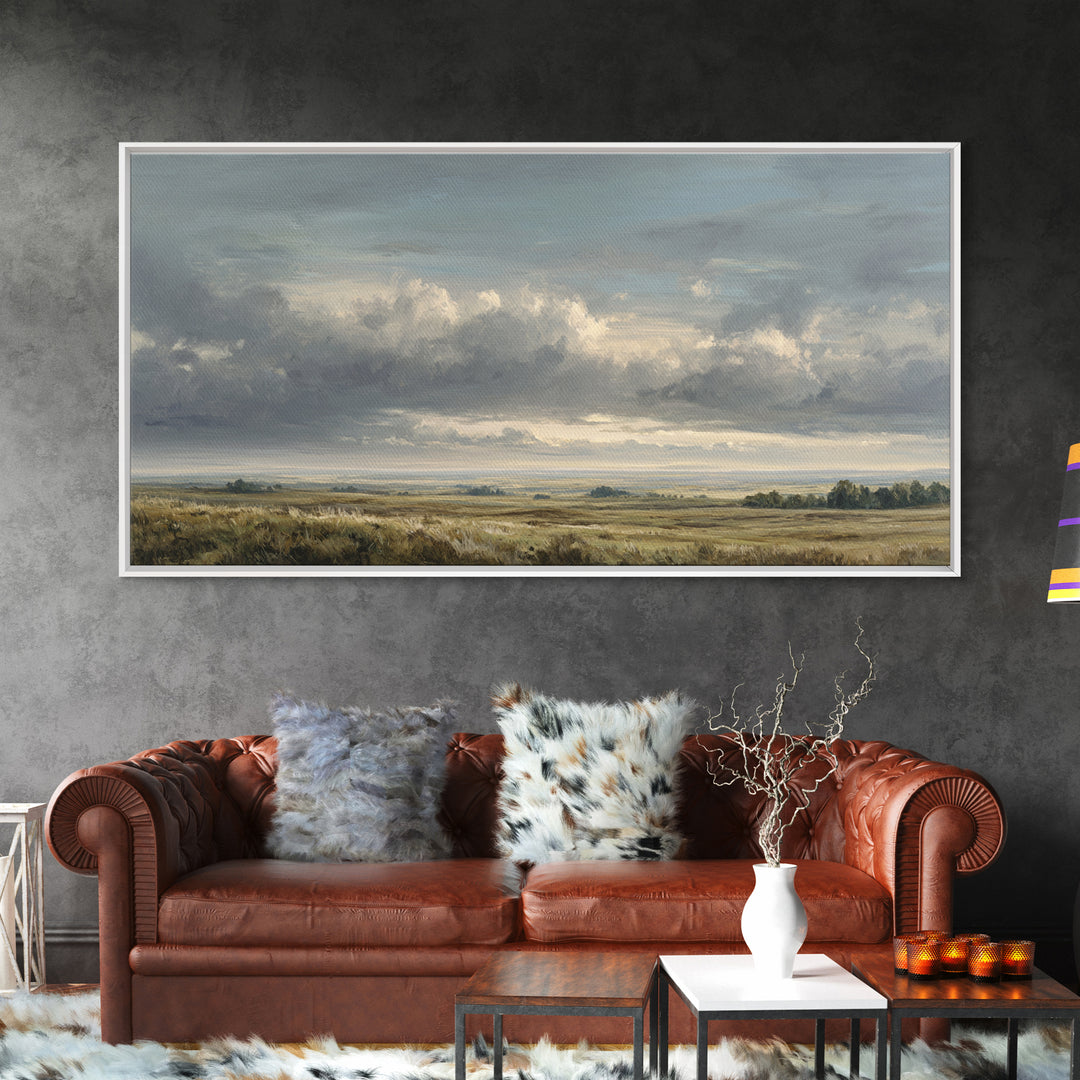 Storm Clouds over a Rolling Prairie Framed Canvas Print, Nature Art, Art Print, Living Room Decor, Fine Art, Nature, NAT-2x1-34