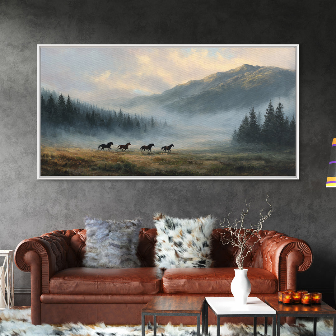 Wild Horses Running Near Mountain Ridge Framed Canvas Print, Nature Art, Statement Artwork, Living Room Decor, Fine Art, Nature, NAT-2x1-42