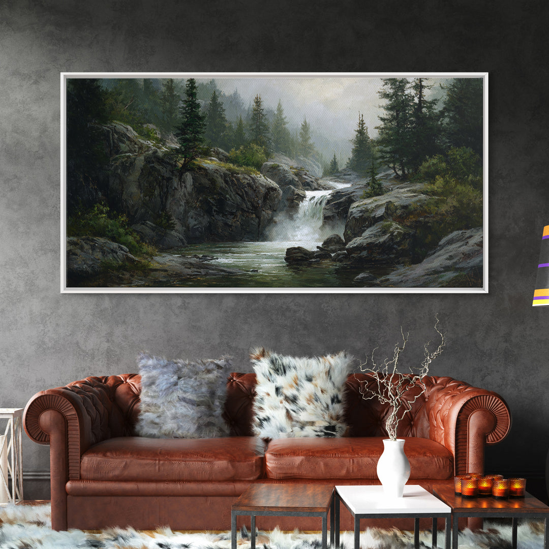 Waterfall Hidden Among Dark Green Rocks Canvas Print, Nature Art, Framed Art, Living Room Decor, Oil Painting, Nature, NAT-2x1-47