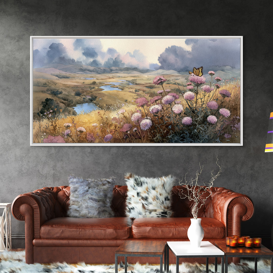 Butterfly Resting on a Blooming Thistle Canvas Print, Nature Art, Art, Living Room Decor, Fine Art, Nature, 3d Wall Art, NAT-2x1-48