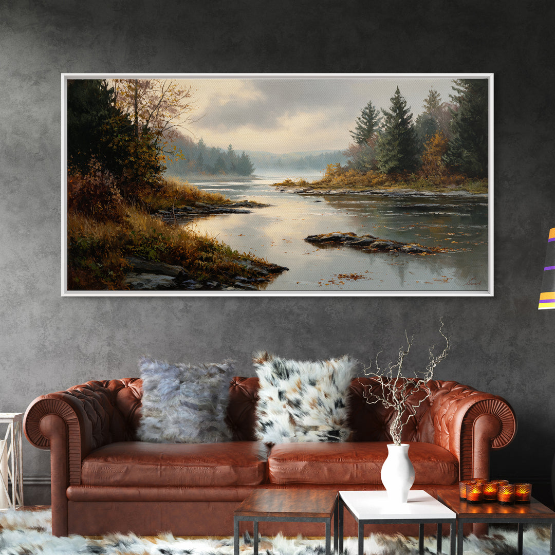 Autumn Leaves Floating on Quiet Stream Framed Canvas Print, Nature Art, Minimalist Decor, Living Room Decor, Fine Art, Nature, NAT-2x1-50