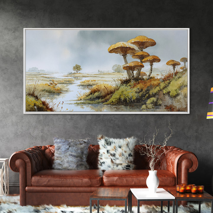 Mushroom Cluster in Enchanted Woodland Framed Canvas Print, Nature Art, Wood Wall Art, Living Room Decor, Watercolor Art, NAT-2x1-51