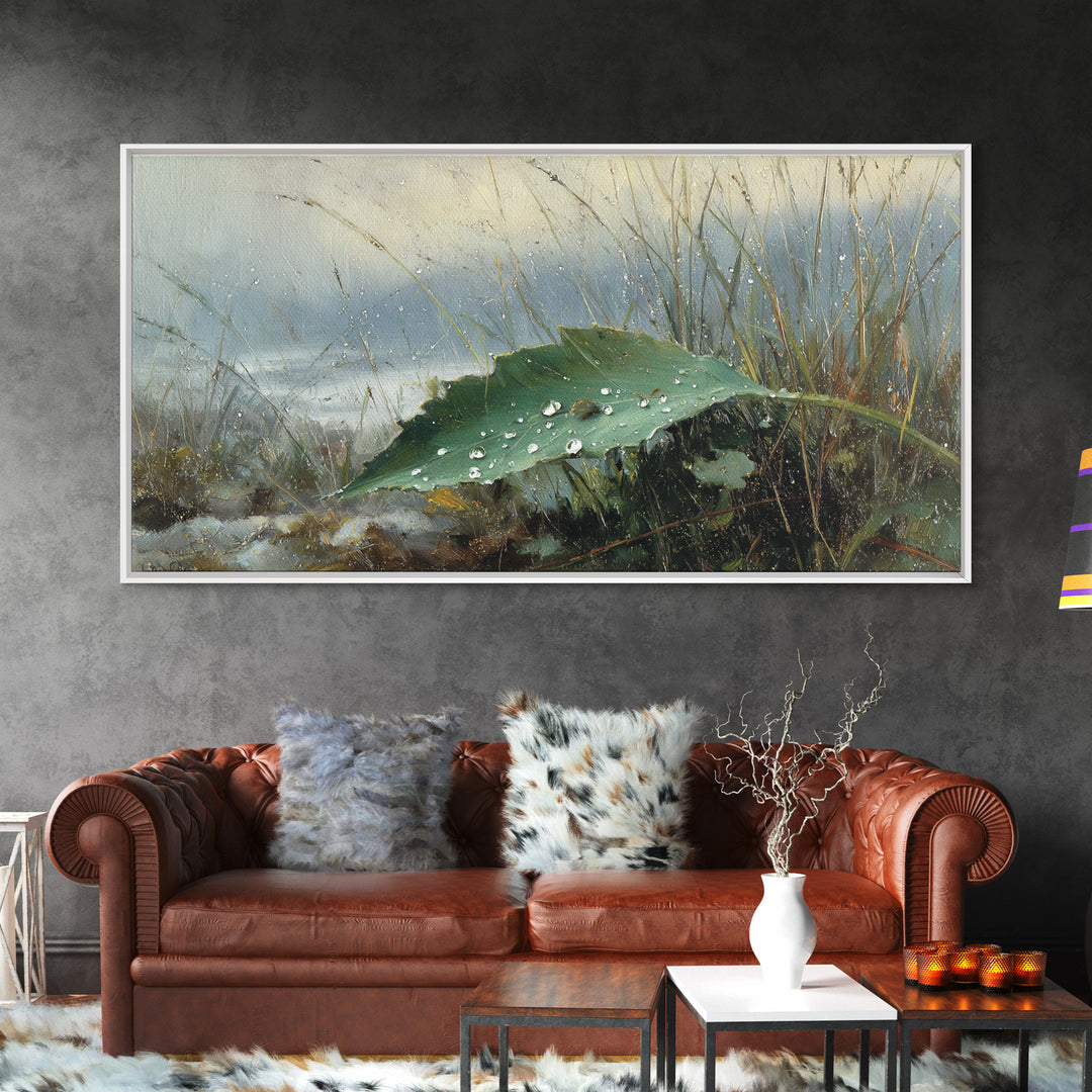 Rain Drops on a Large Green Leaf Canvas Print, Nature Art, Wall Hangings, Living Room Decor, Watercolor Art, Nature, NAT-2x1-53
