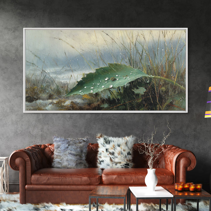Rain Drops on a Large Green Leaf Canvas Print, Nature Art, Wall Hangings, Living Room Decor, Watercolor Art, Nature, NAT-2x1-53
