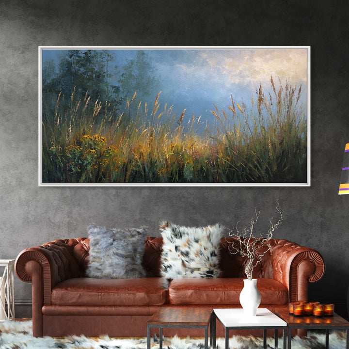 Sunrise Through Tall Grass and Wildflowers Framed Canvas Print, Nature Art, Living Room Decor, Fine Art, Nature, Ocean Art, NAT-2x1-55