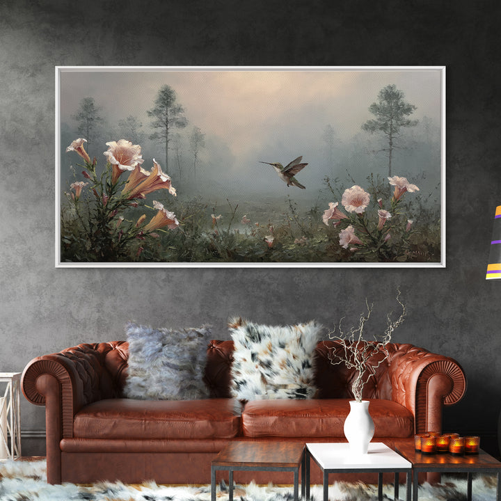 Hummingbird Beside Bright Trumpet Flowers Framed Canvas Print, Nature Art, Painting, Living Room Decor, Fine Art, Nature, NAT-2x1-56