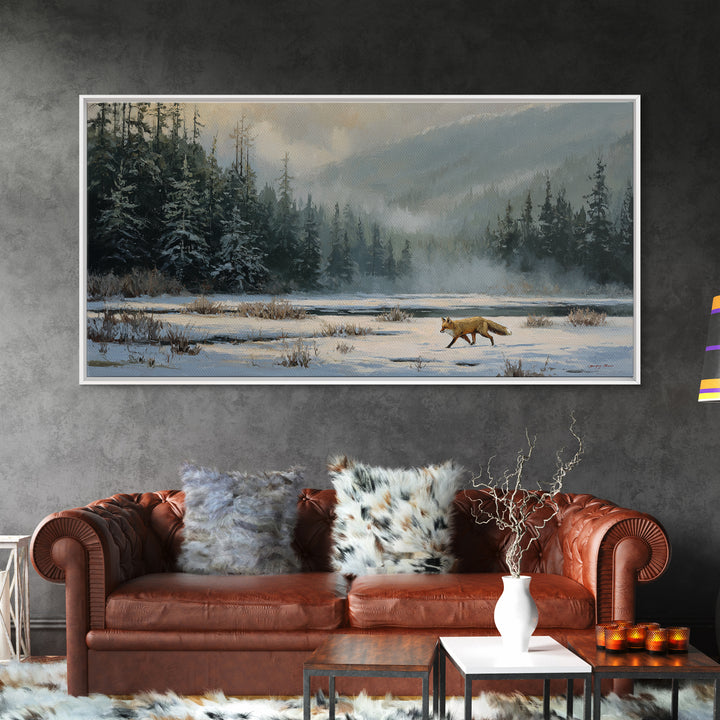Fox Crossing a Snowy Forest Clearing Framed Canvas Print, Nature Art, Luxury Decor, Living Room Decor, Oil Painting, Nature, NAT-2x1-6