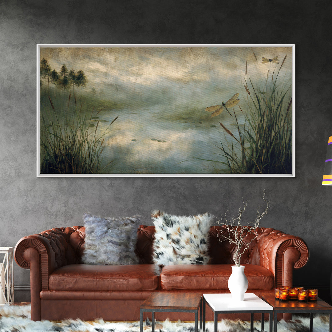 Dragonfly over a Pond with Reeds Canvas Print, Nature Art, Room Decor, Living Room Decor, Oil Painting, Nature, Wall Hangings, NAT-2x1-62