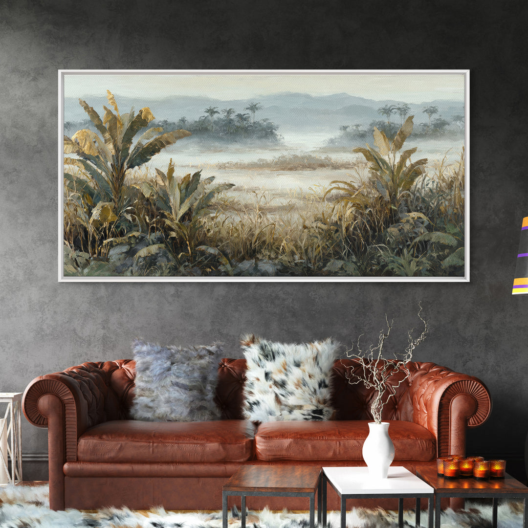 Tropical Jungle Leaves Framed Canvas Print, Nature Art, Painting, Living Room Decor, Abstract Art, Nature, Modern Wall Art, NAT-2x1-65