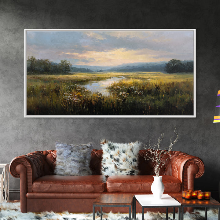 Sunrise Through Tall Grass and Wildflowers Framed Canvas Print, Nature Art, Poster, Living Room Decor, Watercolor Art, Nature, NAT-2x1-7