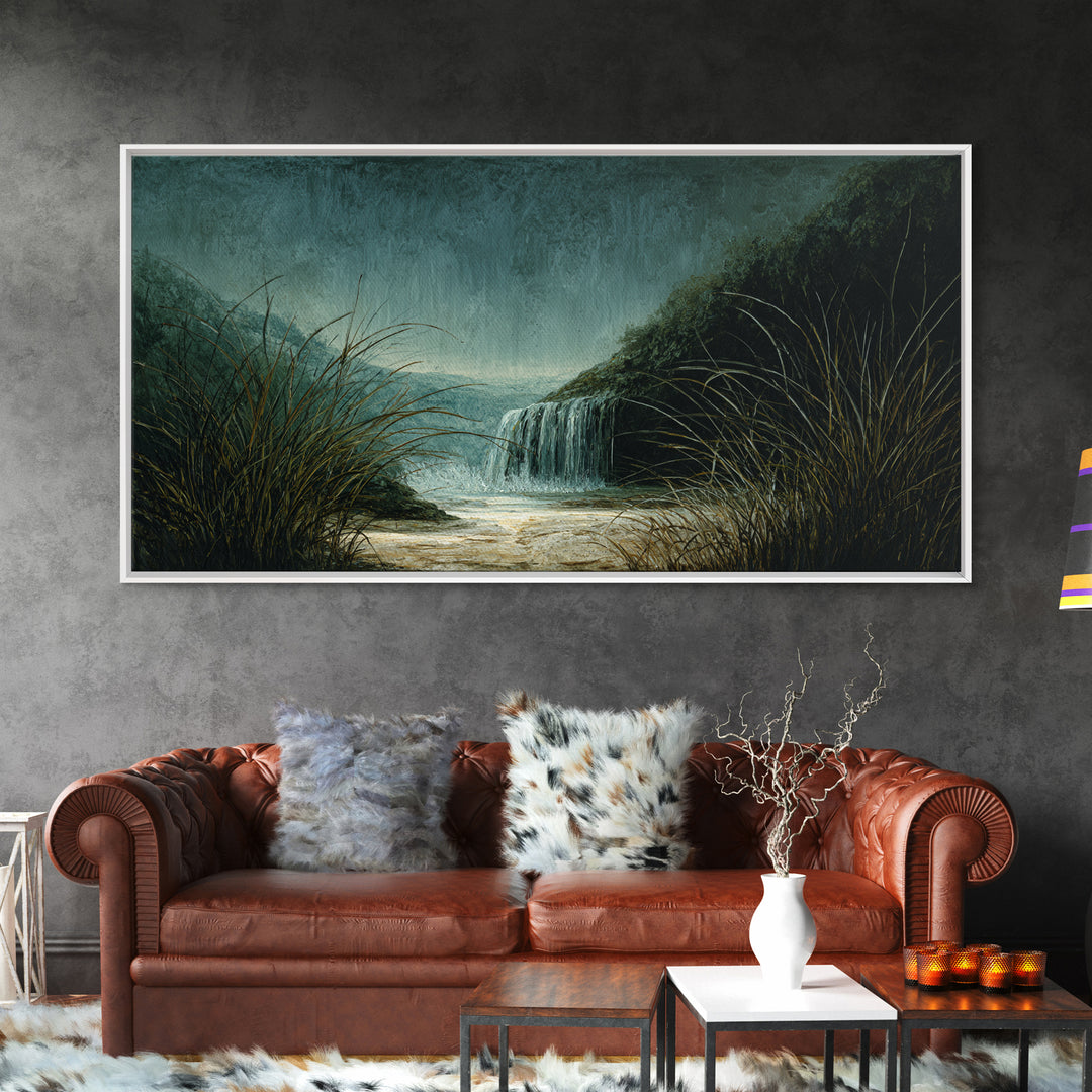 Waterfall Hidden Among Dark Green Rocks Canvas Print, Nature Art, Landscape Art, Living Room Decor, Abstract Art, Nature, NAT-2x1-71