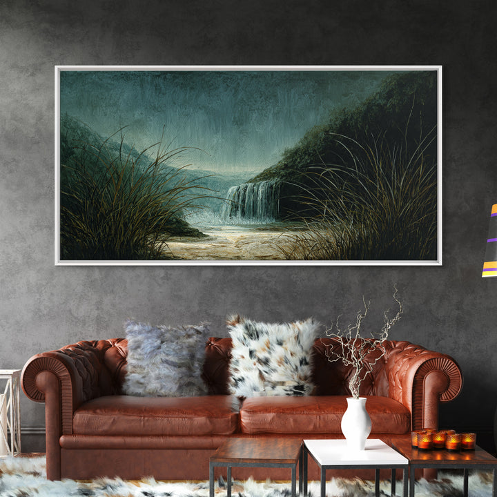 Waterfall Hidden Among Dark Green Rocks Canvas Print, Nature Art, Landscape Art, Living Room Decor, Abstract Art, Nature, NAT-2x1-71
