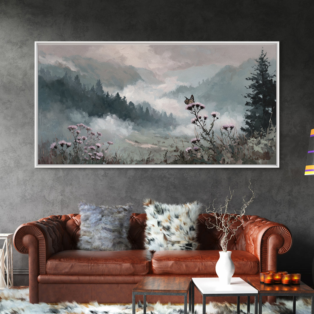 Butterfly Resting on a Blooming Thistle Framed Canvas Print, Nature Art, Original Painting, Living Room Decor, Fine Art, Nature, NAT-2x1-72