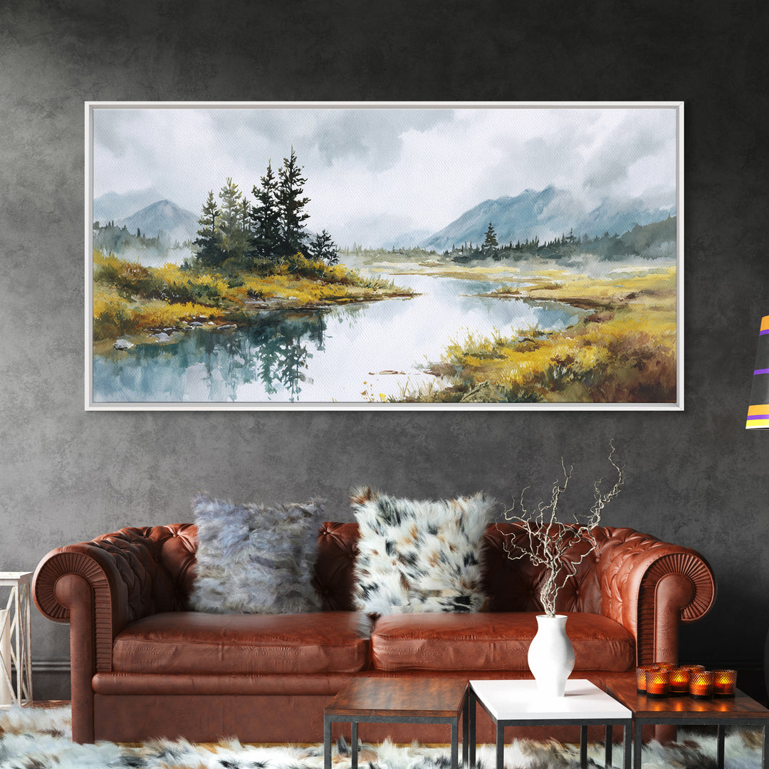 Misty Mountain Lake Canvas Print, Nature Art, Printable Wall Art, Living Room Decor, Fine Art, Nature, Living Room Wall Art, NAT-2x1-73
