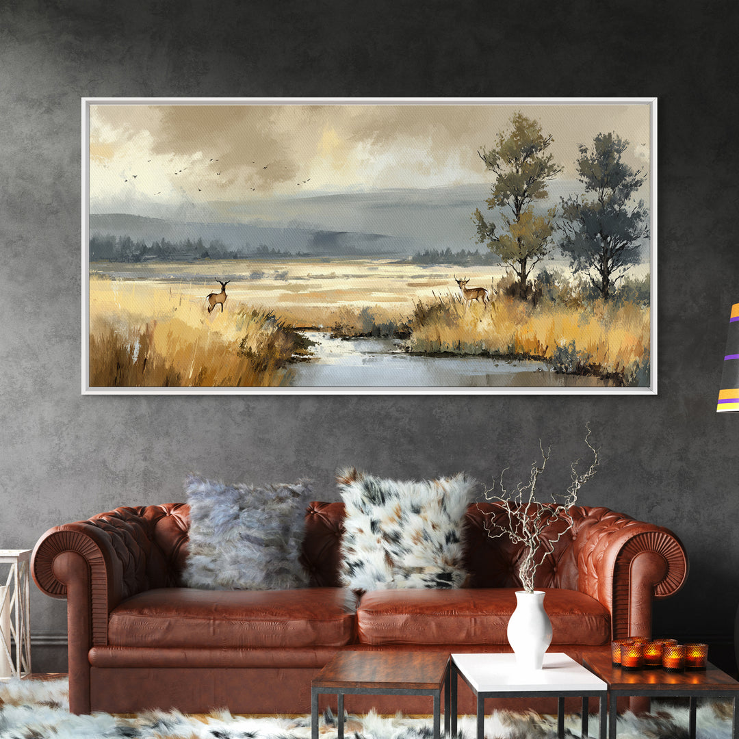 Deer Standing in a Golden Field Canvas Print, Nature Art, 3d Wall Art, Living Room Decor, Fine Art, Nature, Nature Wall Art, NAT-2x1-76