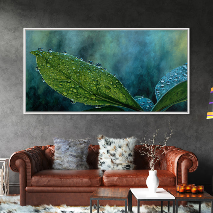 Rain Drops on a Large Green Leaf Canvas Print, Nature Art, Wall Hangings, Living Room Decor, Watercolor Art, Nature, NAT-2x1-77