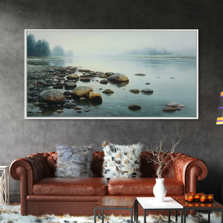 River Stones under Clear Shallow Water Framed Canvas Print, Nature Art, Living Room Decor, Watercolor Art, Nature, NAT-2x1-81