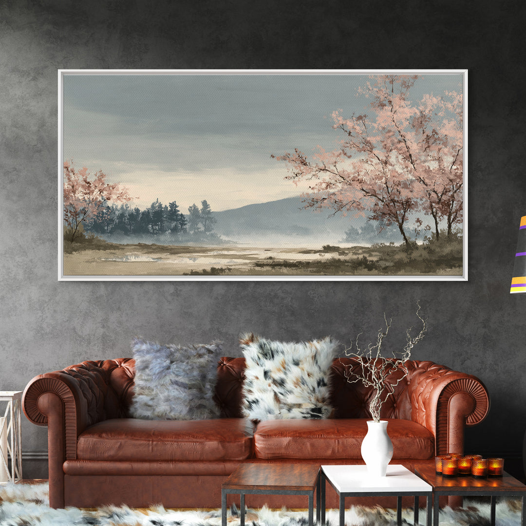 Spring Cherry Blossoms Framed Canvas Print, Nature Art, Modern Wall Art, Living Room Decor, Fine Art, Nature, Mountain Art, NAT-2x1-84