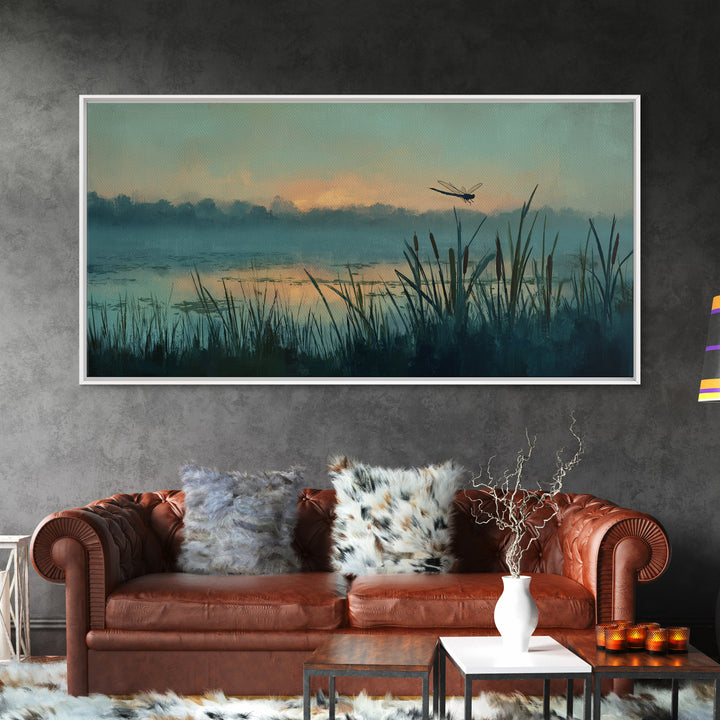 Dragonfly over a Pond with Reeds Framed Canvas Print, Nature Art, Home Decor, Living Room Decor, Nature, Abstract Wall Art, NAT-2x1-86