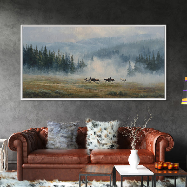 Wild Horses Running Near Mountain Ridge Framed Canvas Print, Nature Art, Poster, Living Room Decor, Fine Art, Nature, NAT-2x1-90
