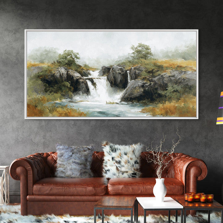 Waterfall Hidden Among Dark Green Rocks Framed Canvas Print, Nature Art, Landscape Print, Living Room Decor, Fine Art, Nature, NAT-2x1-95