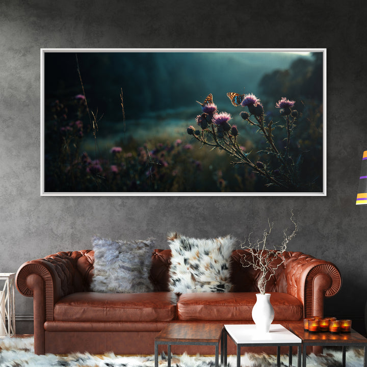 Butterfly Resting on a Blooming Thistle Framed Canvas Print, Nature Art, Stained Glass Art, Living Room Decor, Oil Painting, NAT-2x1-96