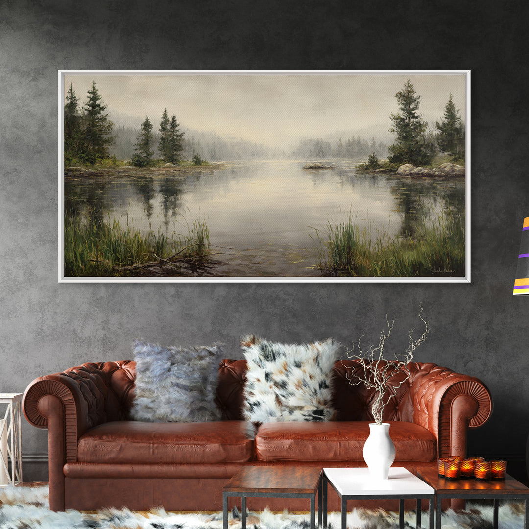 Misty Mountain Lake Framed Canvas Print, Nature Art, Wood Wall Art, Living Room Decor, Fine Art, Nature, Digital Download Art, NAT-2x1-97
