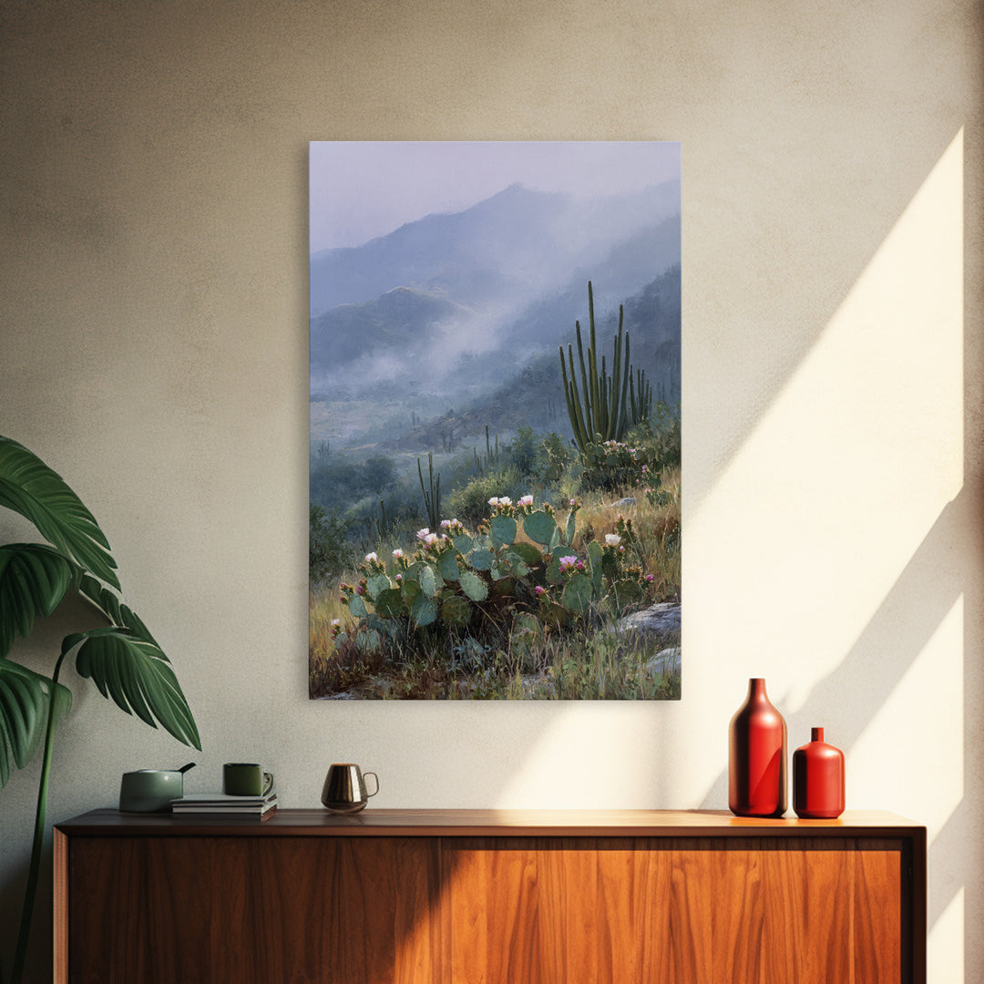 Desert Cactus Blooming After Rain Framed Canvas Print, Nature Art, Art Print, Living Room Decor, Fine Art, Nature, NAT-2x3-100