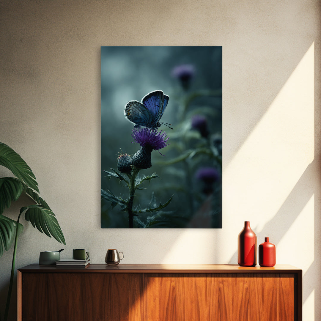 Butterfly Resting on a Blooming Thistle Framed Canvas Print, Nature Art, Minimalist Decor, Living Room Decor, Oil Painting, NAT-2x3-12