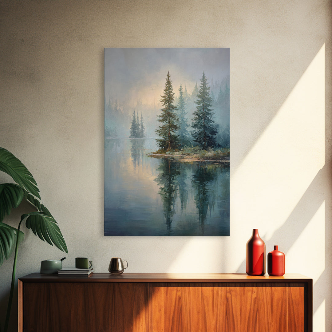Misty Mountain Lake Framed Canvas Print, Nature Art, Art, Living Room Decor, Watercolor Art, Nature, 3d Wall Art, NAT-2x3-13