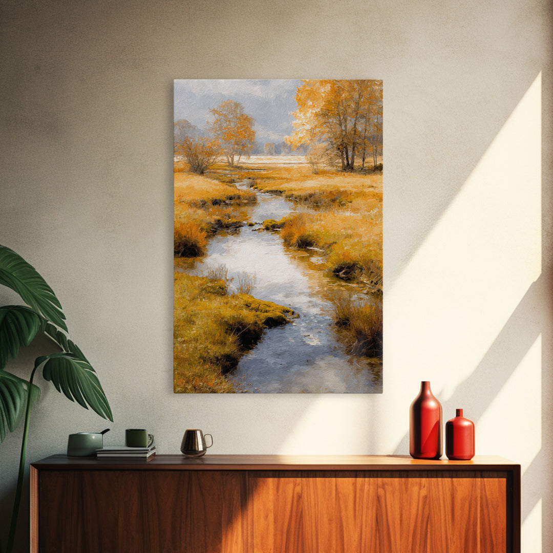 Autumn Leaves Floating on Quiet Stream Canvas Print, Nature Art, Art Print, Living Room Decor, Oil Painting, Nature, NAT-2x3-14