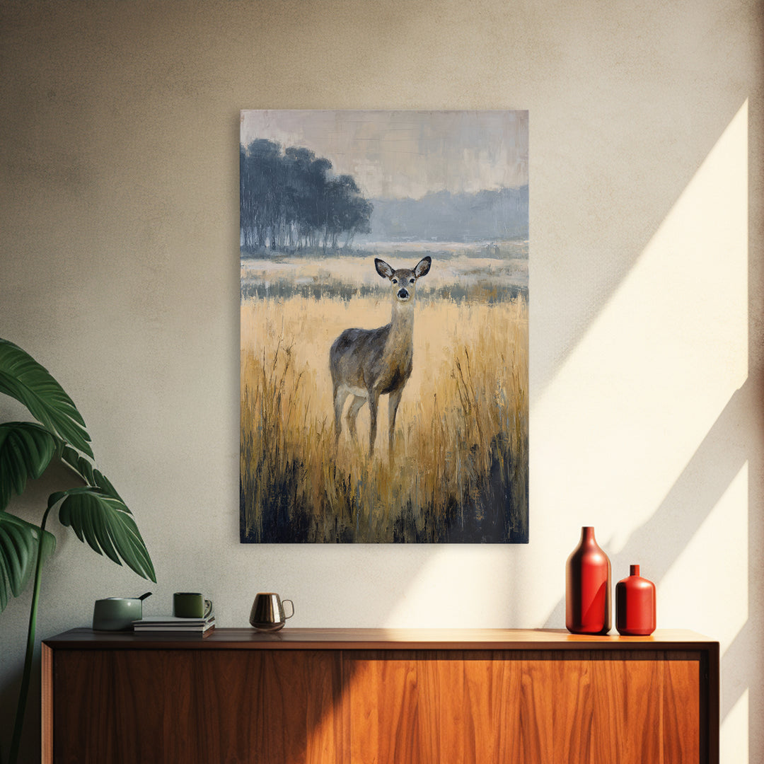 Deer Standing in a Golden Field Canvas Print, Nature Art, Moss Art, Living Room Decor, Fine Art, Nature, Statement Artwork, NAT-2x3-16