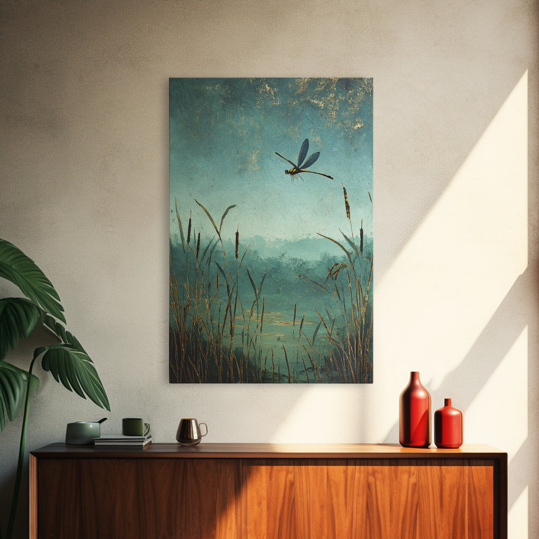 Dragonfly over a Pond with Reeds Framed Canvas Print, Nature Art, Boho Decor, Living Room Decor, Abstract Art, Nature, NAT-2x3-2