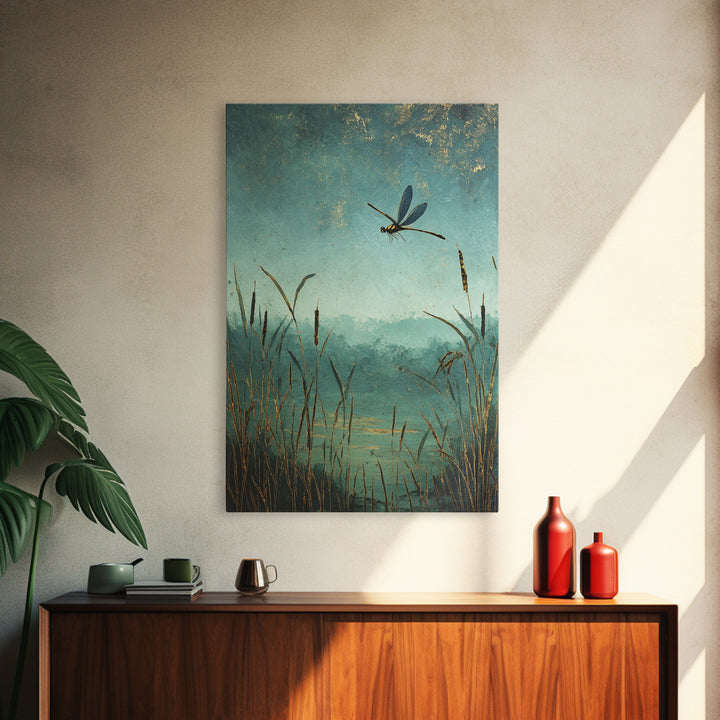 Dragonfly over a Pond with Reeds Framed Canvas Print, Nature Art, Boho Decor, Living Room Decor, Abstract Art, Nature, NAT-2x3-2